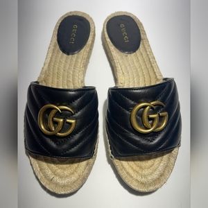 GUCCI GG Women's Matelasse Leather Espadrille Slide Sandal Black Size 37/7